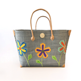 panier artisanal de plage isandra gris SGM rabane brodé fermeture bouton avec pochon, dimensions 60x24x38 cm fond renforcé, idéal pour le marché ou la plage