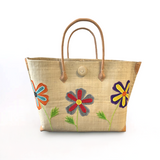 panier artisanal de plage isandra naturel SGM rabane brodé fermeture bouton avec pochon, dimensions 60x24x38 cm fond renforcé, idéal pour le marché ou la plage