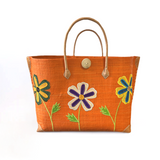 panier artisanal de plage isandra orange SGM rabane brodé fermeture bouton avec pochon, dimensions 60x24x38 cm fond renforcé, idéal pour le marché ou la plage