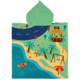 Poncho de plage enfant en microfibre circuit 60×120 cm 100% 250 g/m², motifs imprimés. Idéal pour la plage et la piscine, séchage ultra-rapide et peu encombrant.