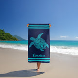 Serviette de plage éponge velours Jacquard Bleu 90x170 400g/m² - Nonza - Le comptoir de la plage