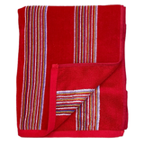 Serviette de plage velours Jacquard Milonga rouge 100% coton 400 g/m², douce, absorbante et légère, idéale pour la piscine, la plage ou le voyage.