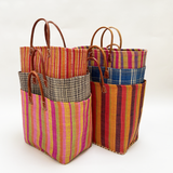 Pack de 6 paniers « Bélo » artisanaux en fibres naturelles avec poignées cuir, légers et pratiques pour ville ou plage.