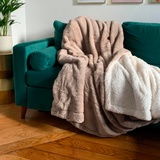 PLAID COUVERTURE POLAIRE XL imitation "Lapin" 220 x 240 Beige Taupe - Le comptoir de la plage