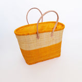 Panier artisanal rabane ivato safran coins cuir, Poignées cuir avec pochon dimensions 50 × 20 × 30 cm, parfait pour sorties et marché, robuste et élégant