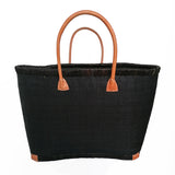 Panier artisanal rabane unie morondova noir coins cuir avec pochon dimensions MM 45×20×30 cm ou GM 50x20x35, parfait pour sorties et marché, robuste et élégant