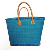 Panier artisanal rabane unie morondova turquoise coins cuir avec pochon dimensions MM 45 × 20 × 30 cm ou GM 50x20x35, parfait pour sorties et marché, robuste et élégant