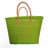 Panier artisanal rabane unie vert anis morondova coins cuir avec pochon dimensions MM 45 × 20 × 30 cm ou GM 50x20x35, parfait pour sorties et marché, robuste et élégant