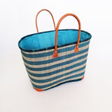 panier artisanal ambanja turquoise fibres naturelles GM rabane coins cuir avec pochon dimensions 50×20×35 cm robuste et élégant, parfait pour sorties et marché, robuste et élégant
