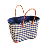 panier artisanal carreaux de vichy bleu marine rabane GM motifs carreaux avec pochon rabane coins cuir dimensions 50 × 20 × 35 cm robuste et élégant, parfait pour sorties et marché, robuste et élégant