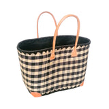 panier artisanal carreaux de vichy noir rabane GM motifs carreaux avec pochon rabane coins cuir dimensions 50 × 20 × 35 cm robuste et élégant, parfait pour sorties et marché, robuste et élégant