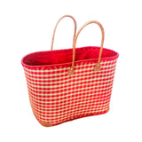 panier artisanal carreaux de vichy rouge rabane GM motifs carreaux avec pochon rabane coins cuir dimensions 50 × 20 × 35 cm robuste et élégant, parfait pour sorties et marché, robuste et élégant