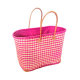 panier artisanal carreaux de vichy fuchsia rabane GM motifs carreaux avec pochon rabane coins cuir dimensions 50×20×35 cm robuste et élégant, parfait pour sorties et marché, robuste et élégant