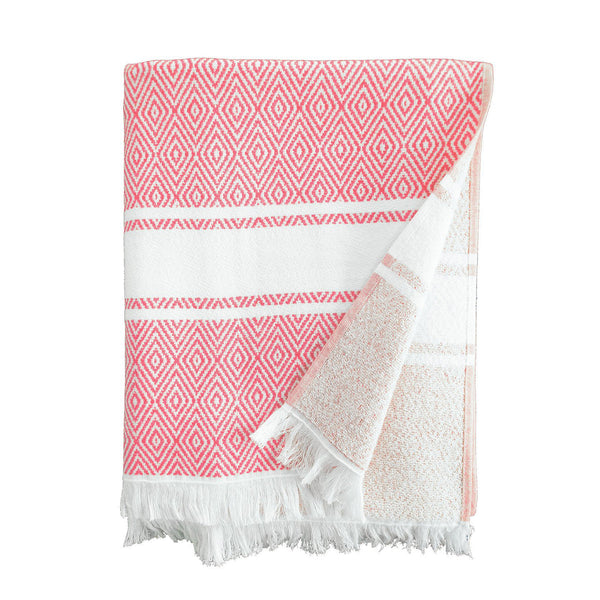 Fouta coton doublée éponge Chevron corail - Le comptoir de la plage