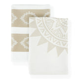 Lots de torchons jacquard 100% coton beige, motifs soleil assortis, élégants et pratiques pour toutes les cuisines.