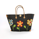 panier artisanal de plage isandra noir SGM rabane brodé fermeture bouton avec pochon, dimensions 60x24x38 cm fond renforcé, idéal pour le marché ou la plage 