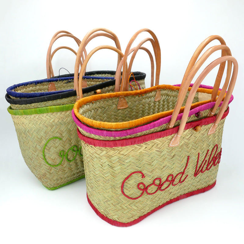 Panier artisanal de plage brodé Fibres naturelles - Good Vibes GM