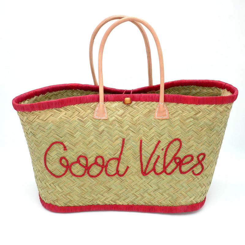 Panier artisanal de plage brodé Fibres naturelles - Good Vibes GM