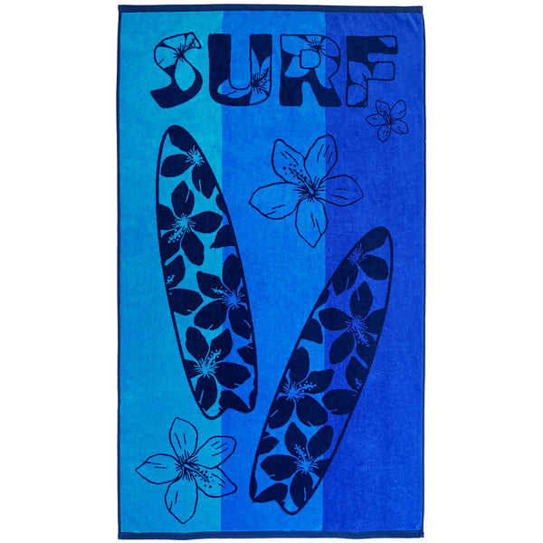 Serviette de plage éponge velours Jacquard Bleu 100x175 470g/m² - Pyrgos