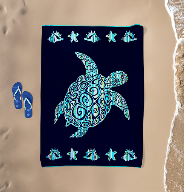 Serviette de plage XL velours Jacquard bleu Calypso - Le Comptoir de la Plage