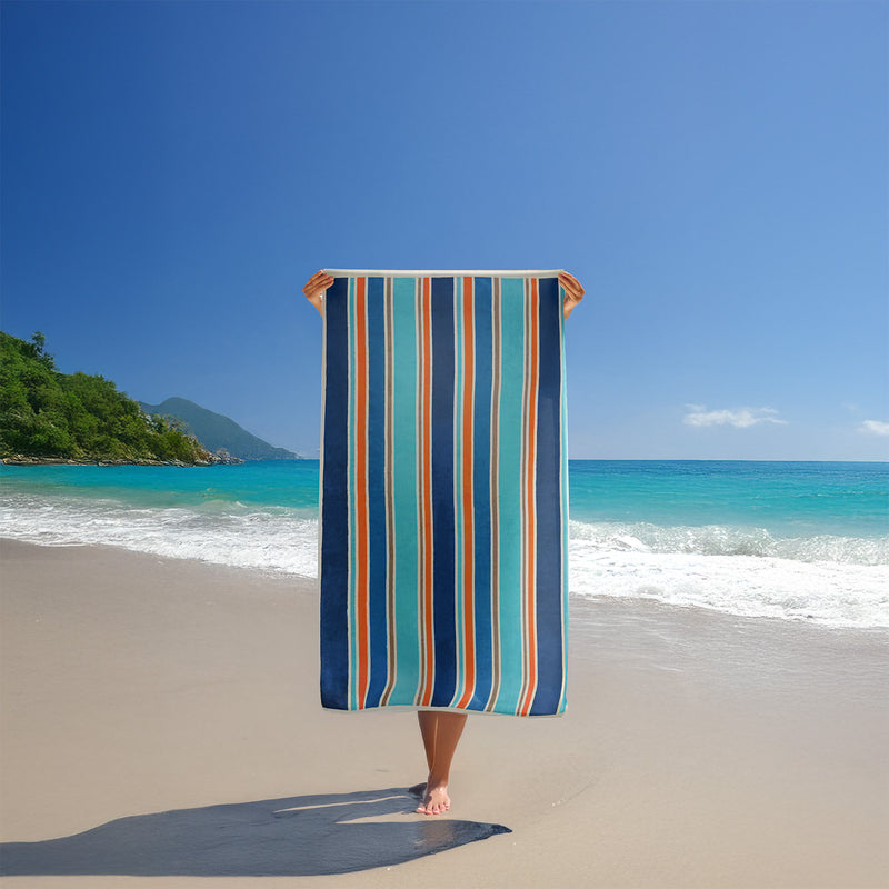 Serviette de plage éponge velours Jacquard bleu 100x175cm - Zamora