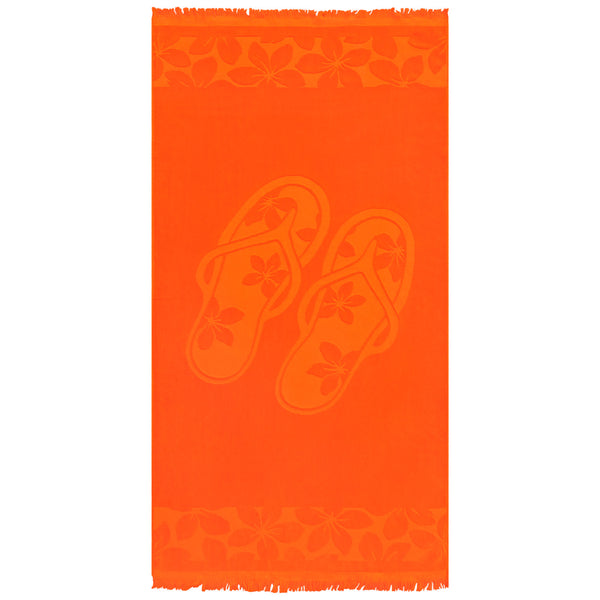 Serviette de plage ciselée Kerlaz en velours jacquard orange, motif tongs et franges aux extrémités.