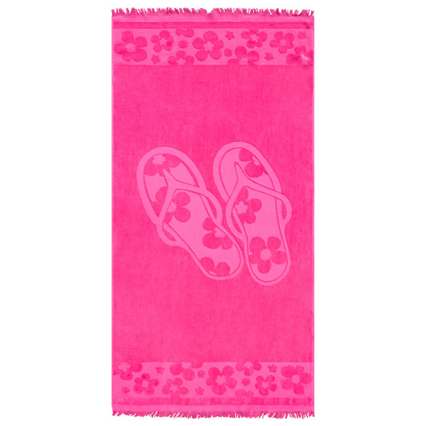 Serviette de plage ciselée Kervel en velours jacquard rose, motif tongs et franges aux extrémités.