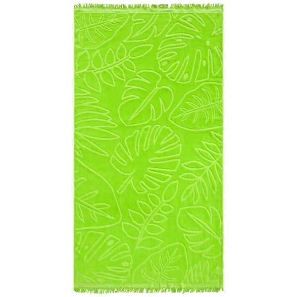 Serviette de plage ciselée Klang en velours jacquard vert, motif floral et franges aux extrémités.