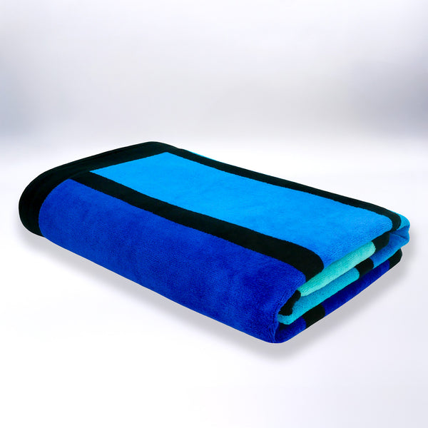 Serviette de plage éponge velours Jacquard Happy Blue - Taille L 100x175cm