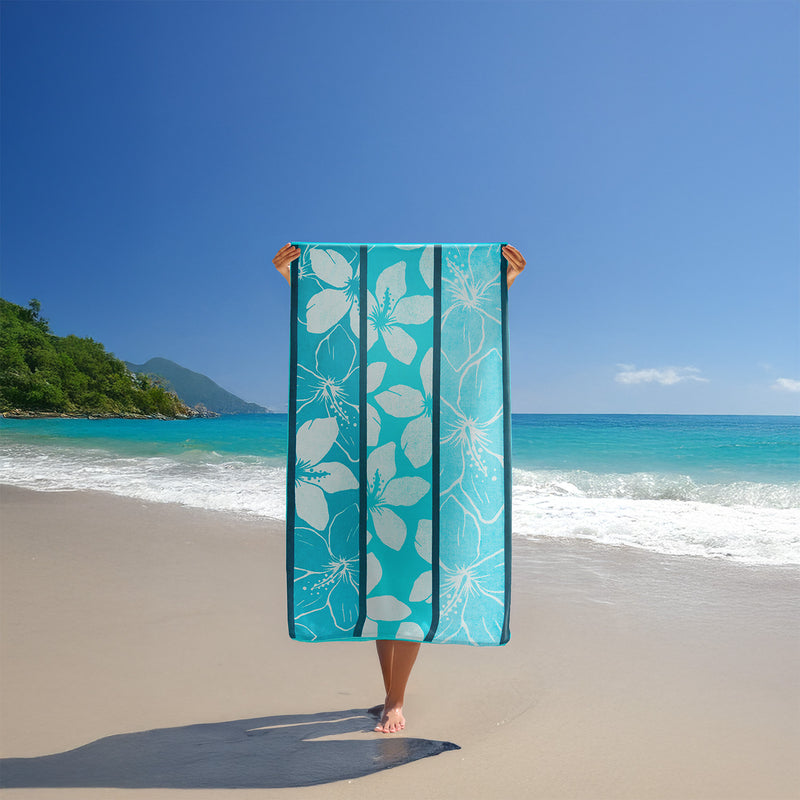 Serviette de plage éponge velours Jacquard Bleu 90x170 400g/m² - Miyako