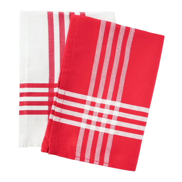 Lot de 2 Duos de torchons assortis bicolores rayés rouge 50 x 70