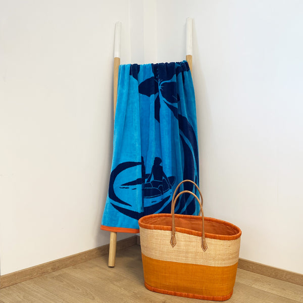 Serviette de plage éponge velours Jacquard bleu 90x170cm - Coolsurf - Le comptoir de la plage
