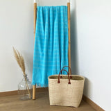 fouta coton doublée éponge Alanya turquoise 90x160 cm ou XL 140x180 cm, 100 % coton, absorbante, légère et séchage rapide, idéale plage, piscine ou salle de bain.