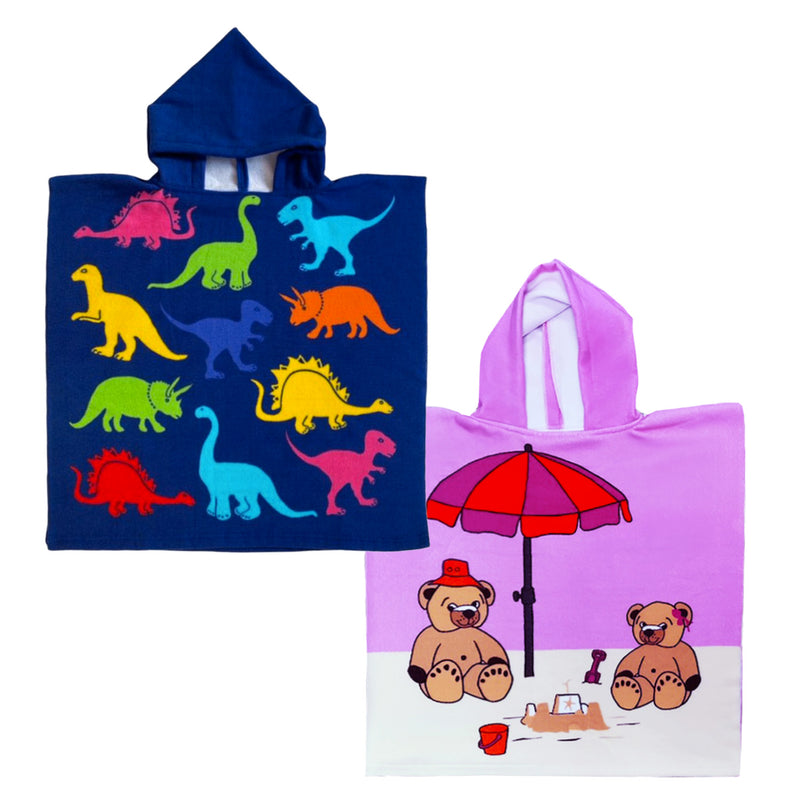 Pack ponchos microfibre enfant un Poncho Dino et un Poncho Nounours