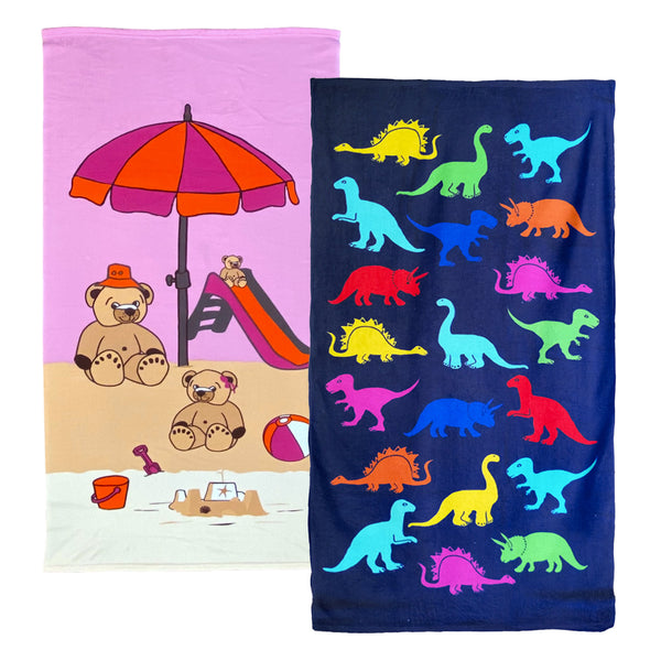 Pack Serviette de plage enfant microfibre Dino et Nounours