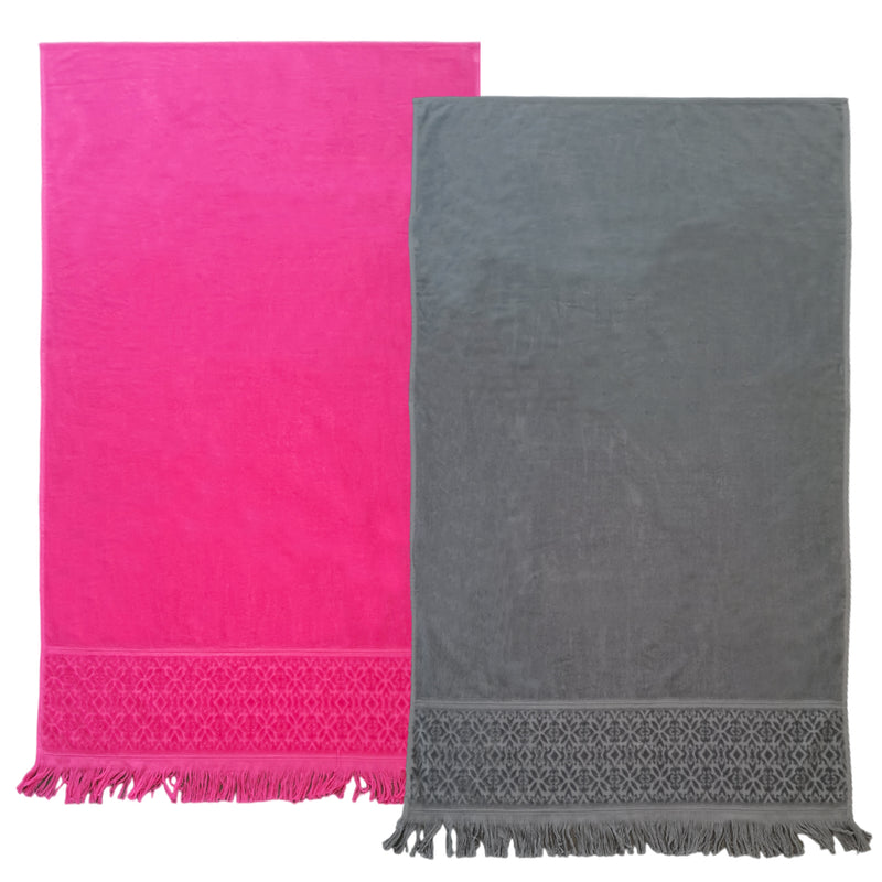 Pack Serviette de bain éponge velours unies Romance Fuchsia Gris  - Le comptoir de la plage