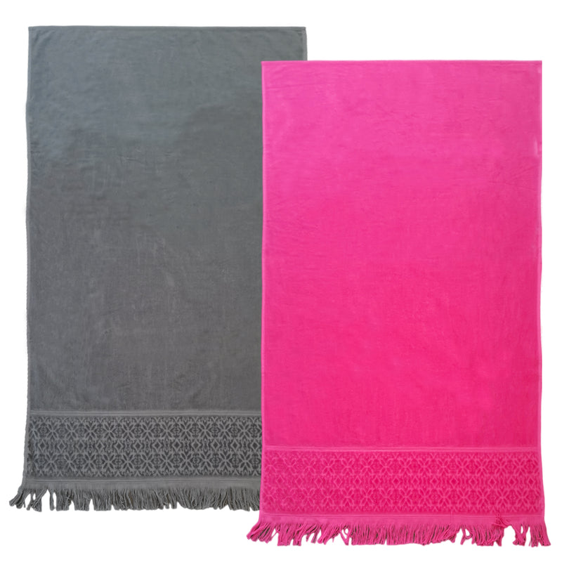 Pack Serviette de bain éponge velours unies Romance Gris Fuchsia - Le comptoir de la plage