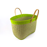 Panier artisanal baly GM aravola luxe vert anis bordure rabane en fibres naturelles, avec bande rabane unie, solide et polyvalent. dimensions 55×20×35cm, avec poche intérieure, idéal pour courses, plage, piscine ou ville