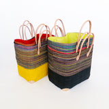panier artisanal Tsivory SGM rabane tissée unie et rayée avec pochon, coins et poignées cuir dimensions 55x24x35 cm fond renforcé, idéal pour le marché ou la plage