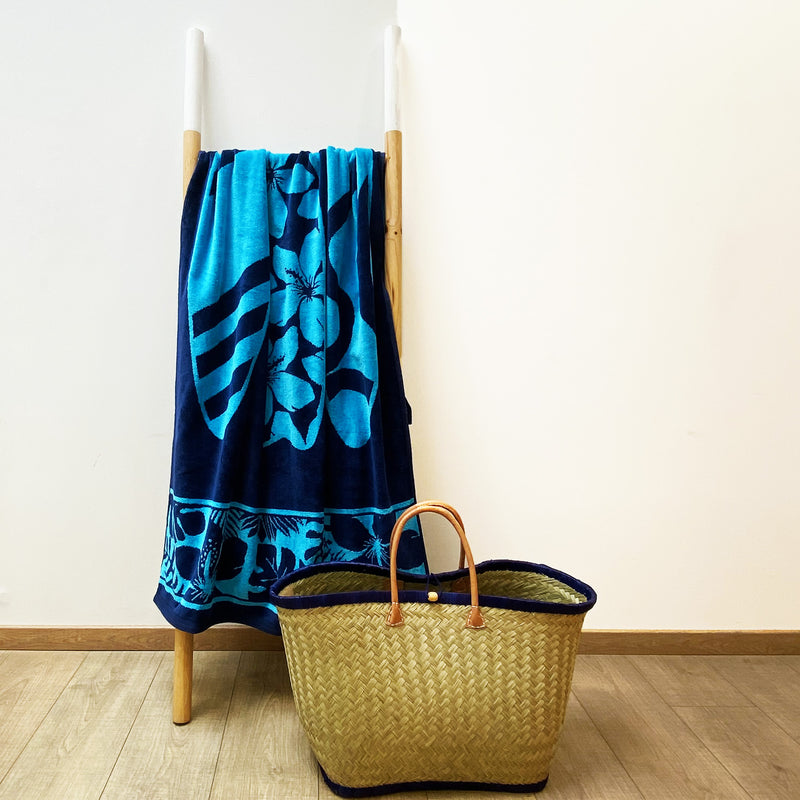 Serviette de plage éponge velours Jacquard bleu 90x170cm - Cayo