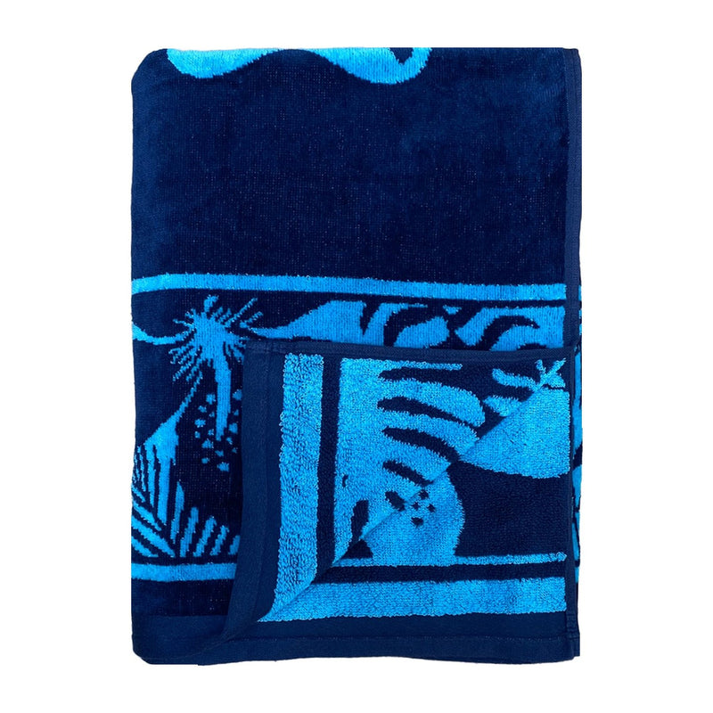Serviette de plage éponge velours Jacquard bleu 90x170cm - Cayo