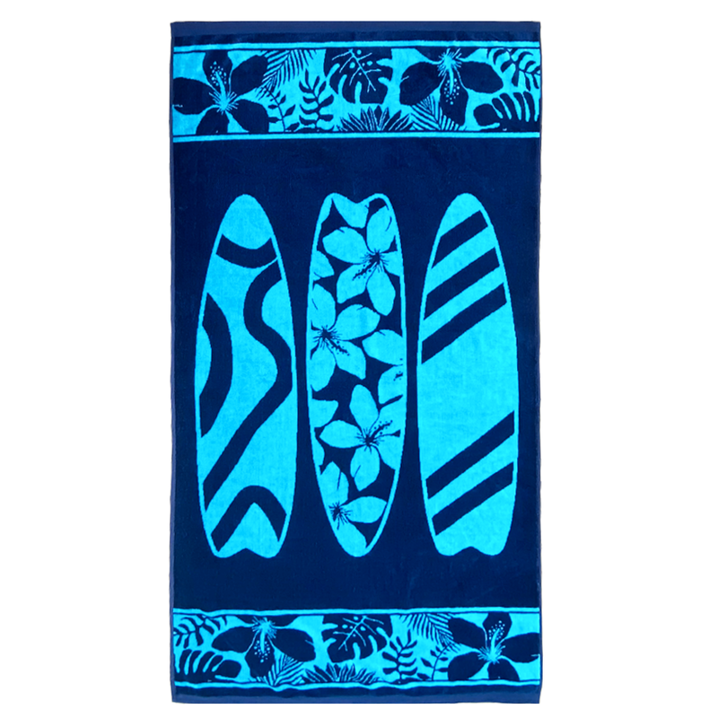 Serviette de plage éponge velours Jacquard bleu 90x170cm - Cayo