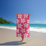 serviette de plage éponge velours jacquard rose flora 90x170 cm 400g/m² douce et absorbante, idéale piscine, plage ou salle de bain.