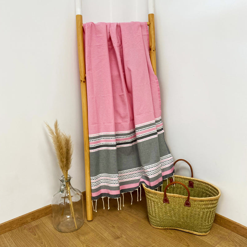 Drap de bain fouta coton plate traditionnelle Banado rose - Le comptoir de la plage