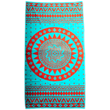 Serviette de plage  Manadala  90x170cm 440gm²  motifs déco orange corail sur fond turquoise éponge velours Jacquard