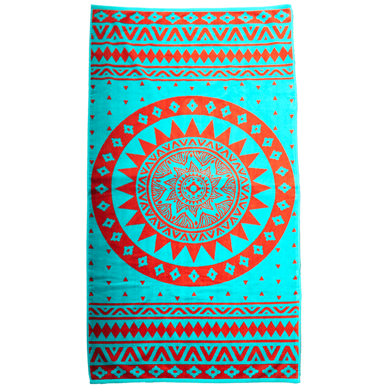 Serviette de plage  Manadala  90x170cm 440gm²  motifs déco orange corail sur fond turquoise éponge velours Jacquard