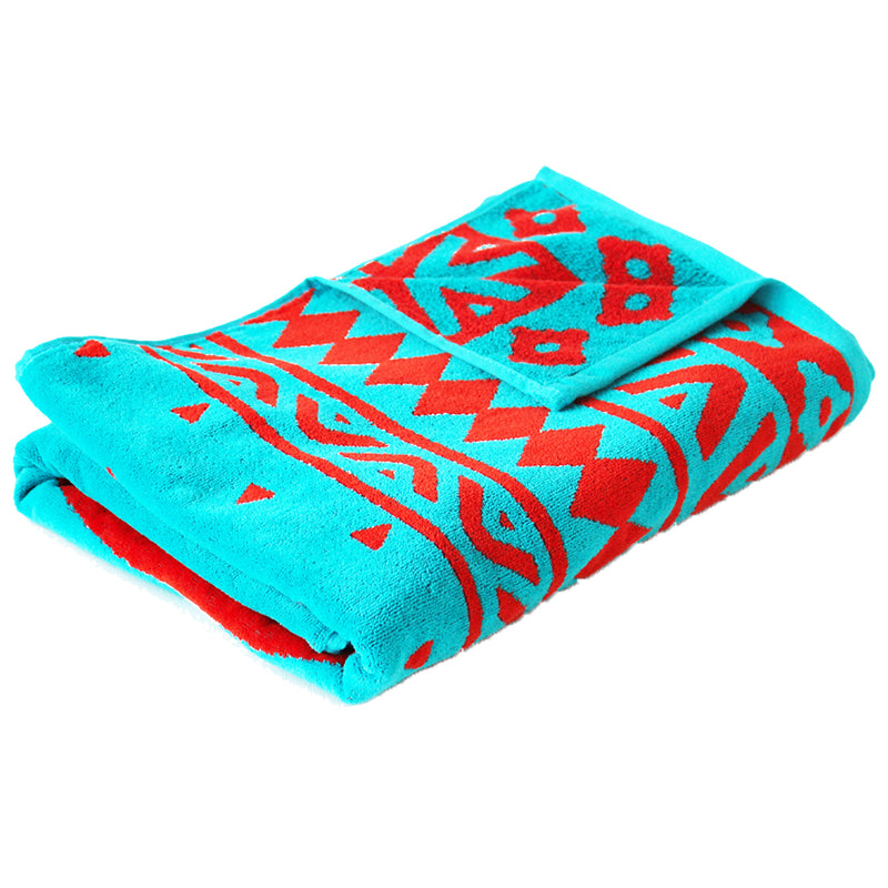 Serviette de plage Manadala 90x170cm 440gm² motifs déco orange corail sur fond turquoise éponge velours Jacquard