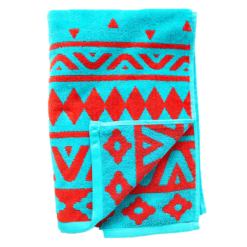 Serviette de plage Manadala 90x170cm 440gm² motifs déco orange corail sur fond turquoise éponge velours Jacquard
