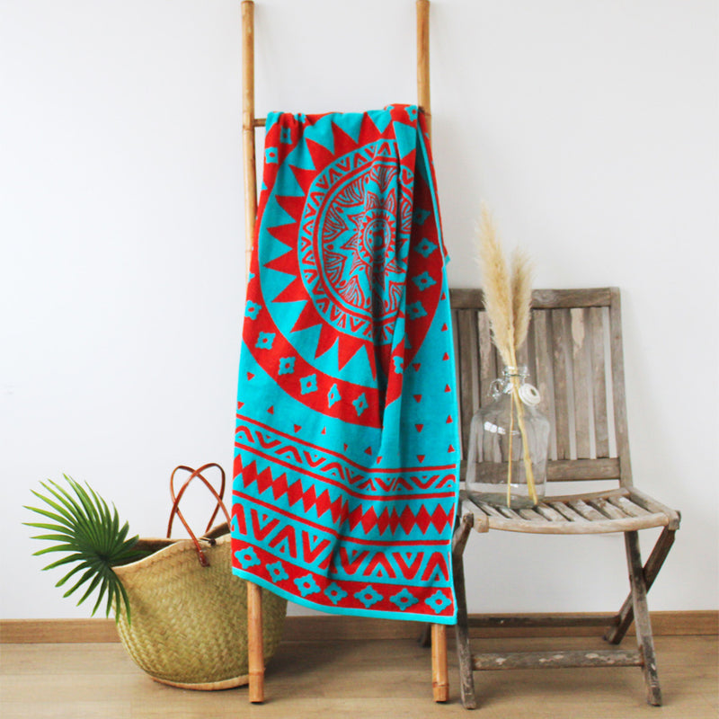 Serviette de plage Manadala 90x170cm 440gm² motifs déco orange corail sur fond turquoise éponge velours Jacquard 100% coton