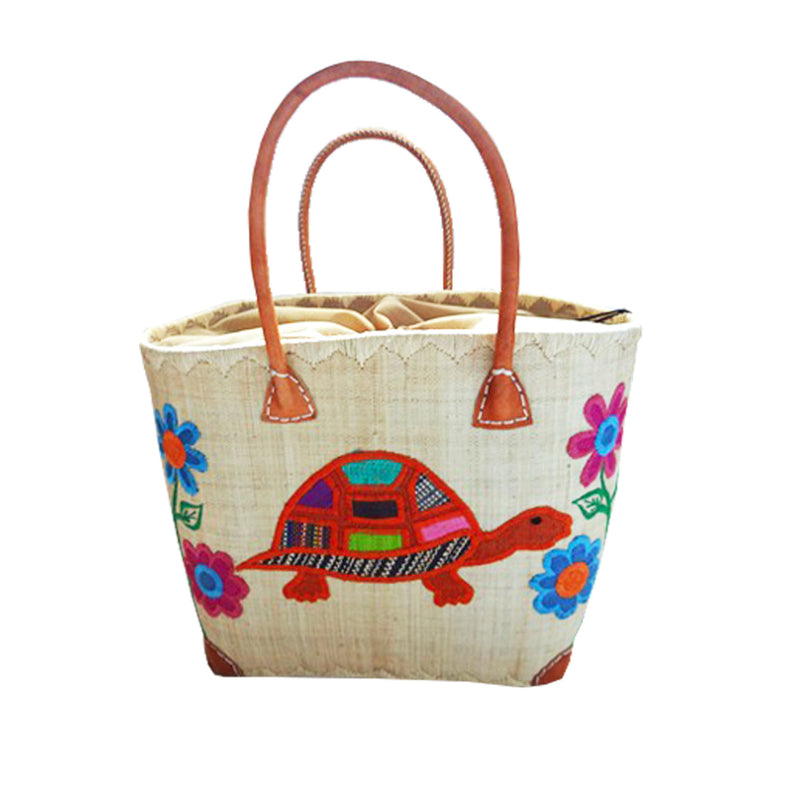 Panier artisanal rabane "Tortue" avec motifs brodés